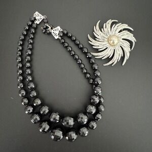 Vintage Black Faceted Bead Two Strand Necklace and Silver Tone Flower Brooch Set